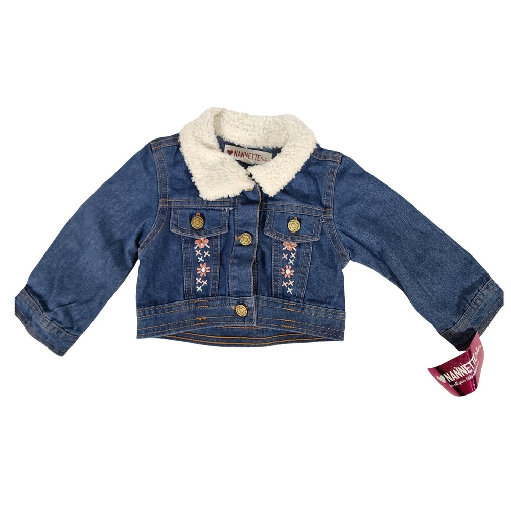 Nannette Baby Girls Denim Jacket‎ 12M Blue Floral Embroidered Sherpa Collar